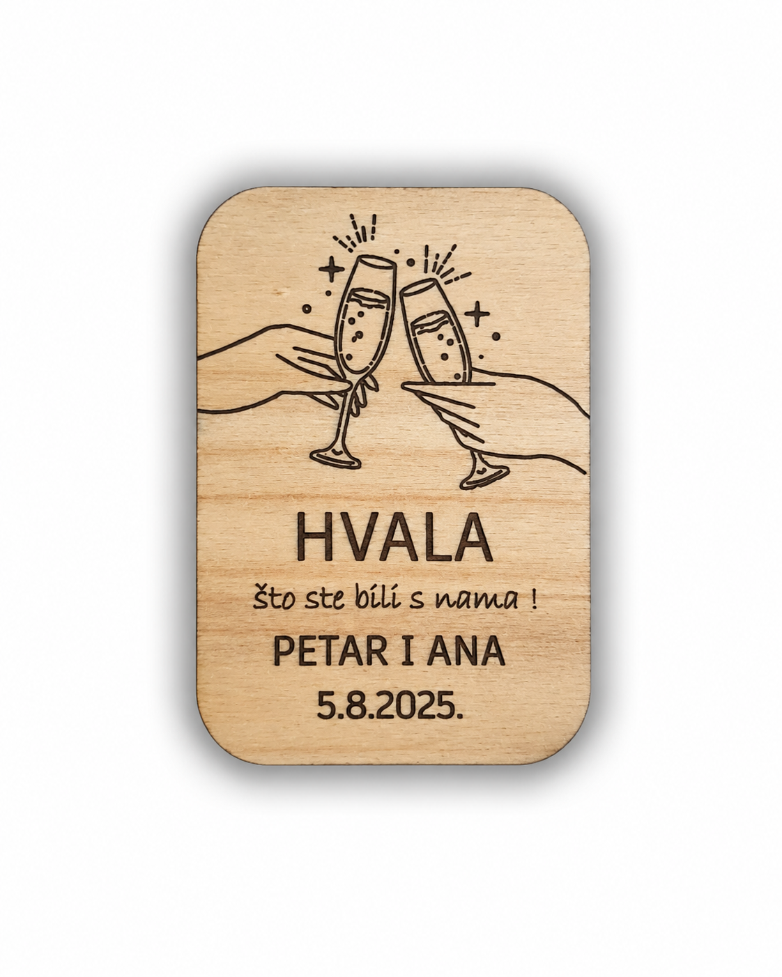Personalizirana drvena zahvalnica za vjenčanje s motivom nazdravljanja