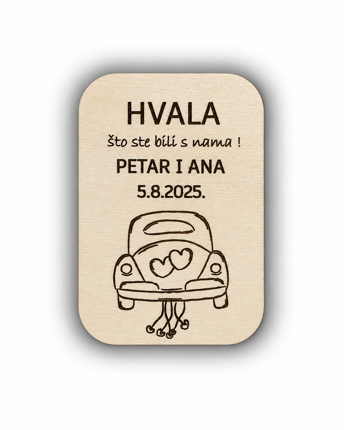 Personalizirana drvena zahvalnica za vjenčanje s automobilom mladenaca