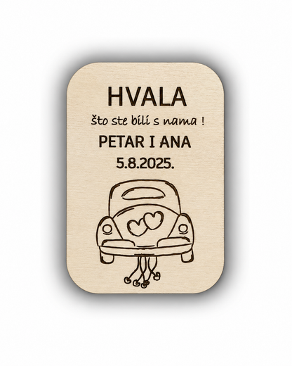Personalizirana drvena zahvalnica za vjenčanje s automobilom mladenaca
