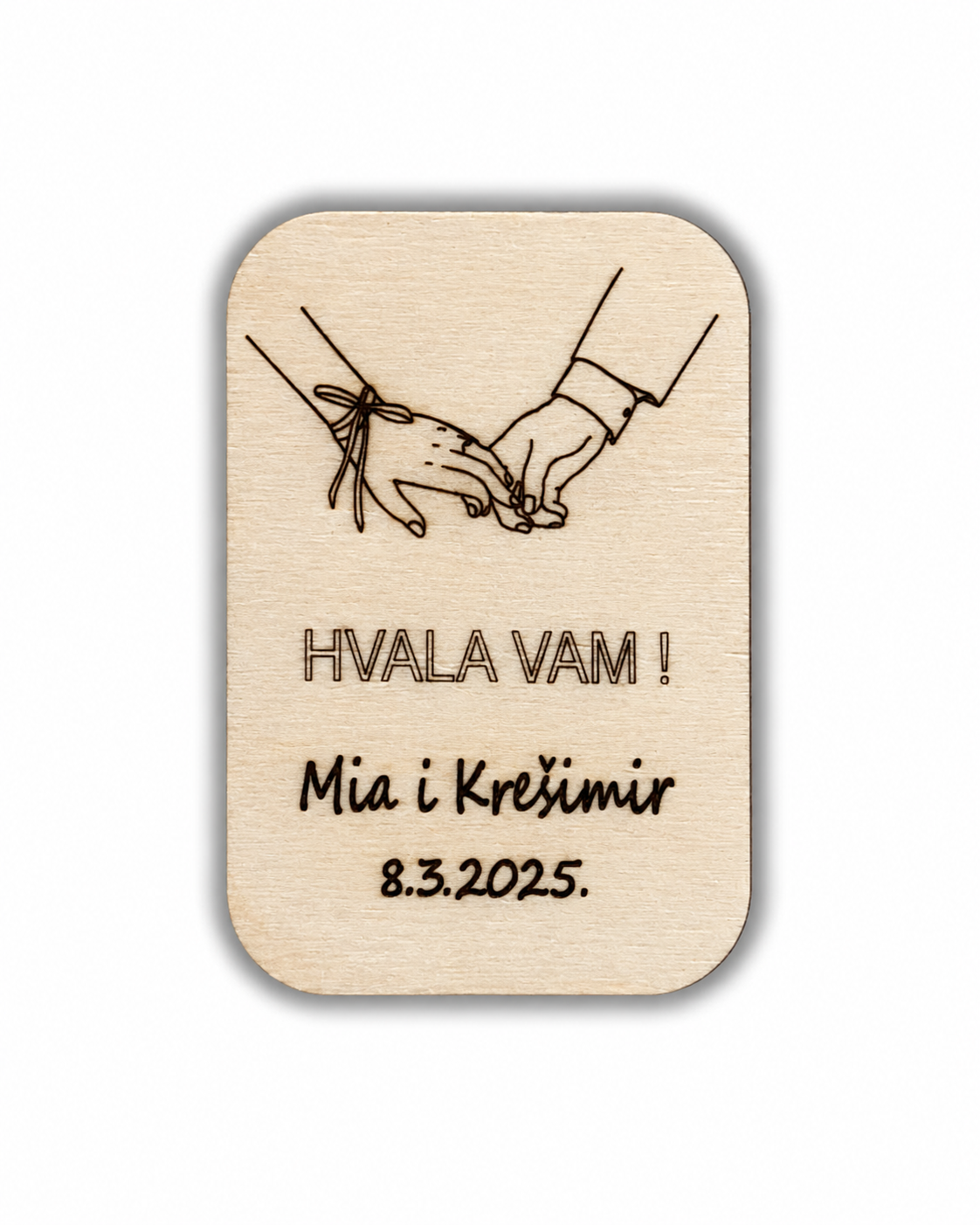 Personalizirana drvena zahvalnica za vjenčanje s motivom držanja za ruke
