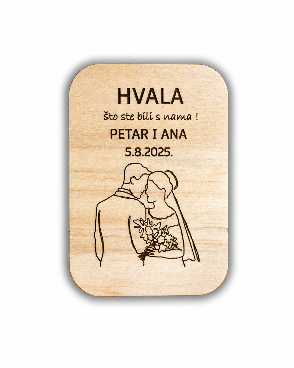 Personalizirana drvena zahvalnica za vjenčanje s gravurom mladenaca i buketom